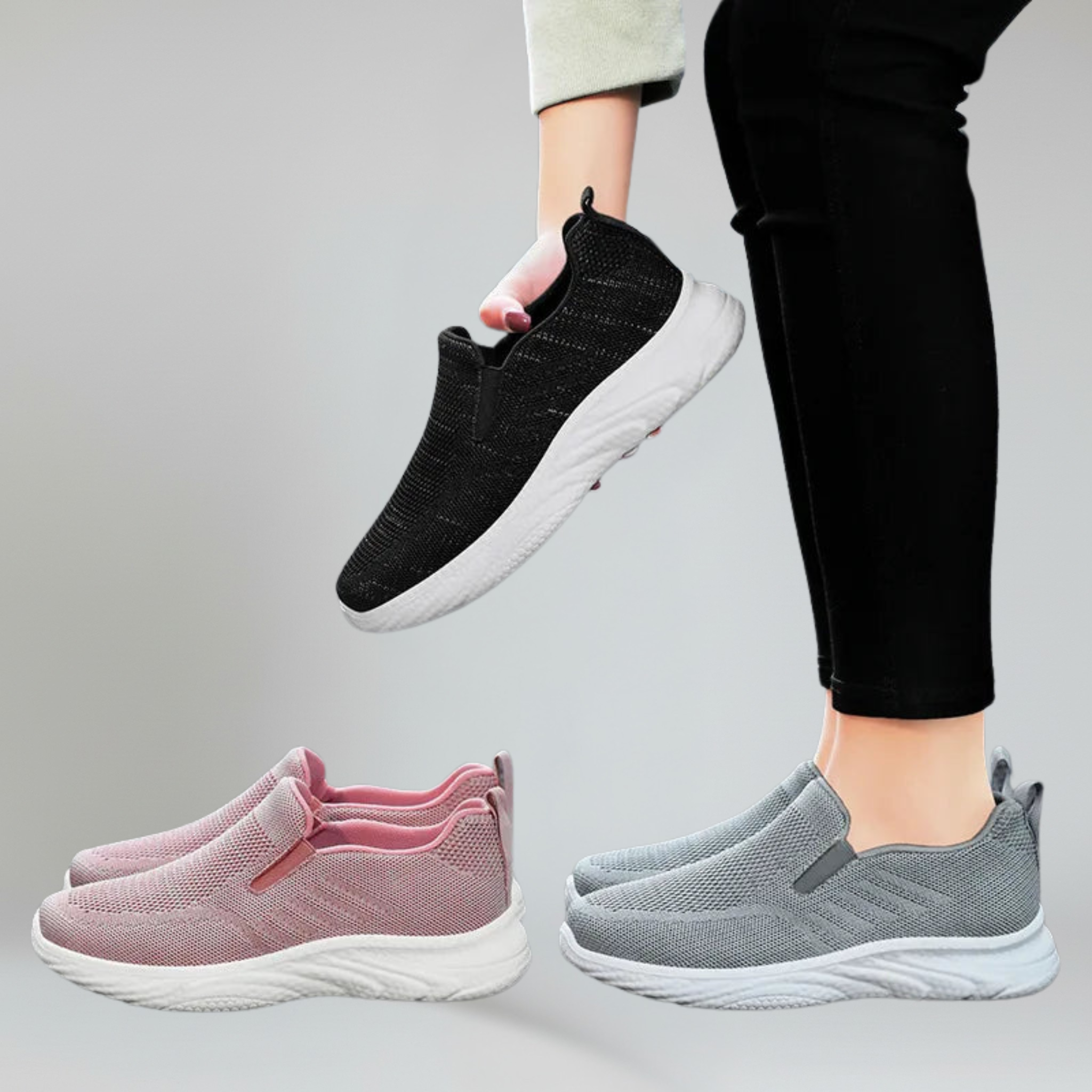 three pairs of walking shoes on a plain background